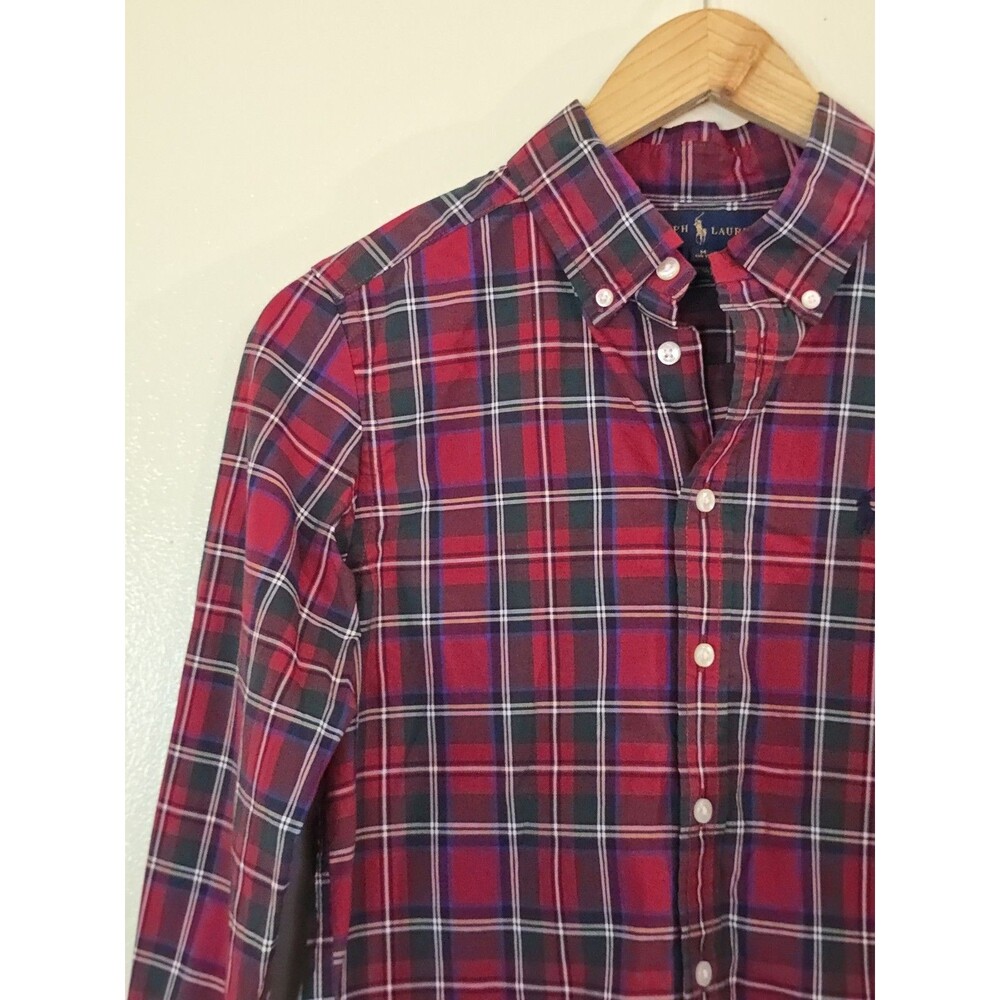 Ralph Lauren Boys Plaid Check Button Down Shirt Red Green Cotton Size M 10-12 - Picture 5 of 11